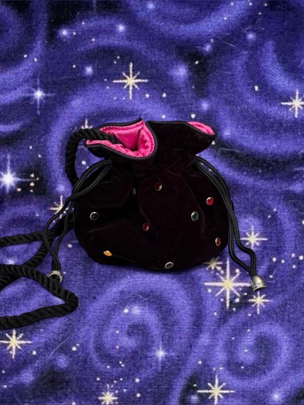 Bob Mackie Black Velvet Pink Satin-Lined Pouch Bucket Bag